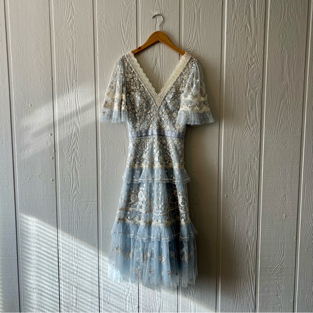 Needle & Thread Lace V-Neck Dress in Blue and White